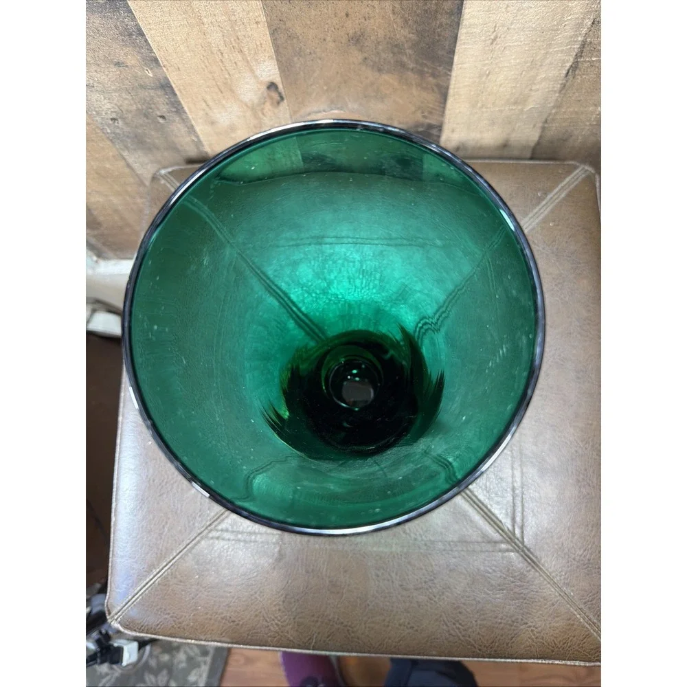 Cristallerie Emerald Green Glass Trumpet Vase Gilded Pedestal Base Vtg Italy 11